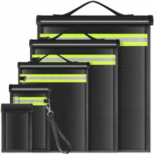 A set of four black and yellow faraday bags with a keychain.